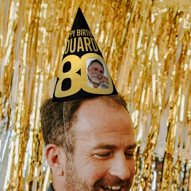 80th birthday photo personalized black and gold party hat (Creator Uploaded)