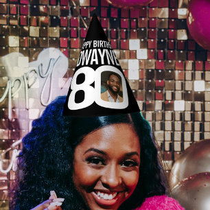 80th birthday photo personalized white black party hat