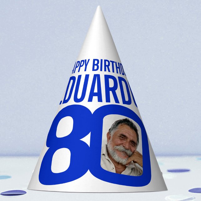 80th birthday photo personalized white blue party hat (Creator Uploaded)