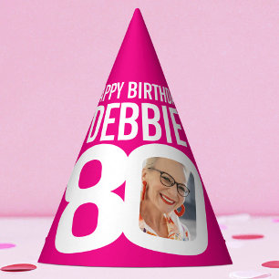 80th birthday photo personalized white hot pink party hat