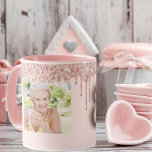 80th birthday photo pink rose gold glitter balloon mug<br><div class="desc">A gift for 80th birthday. A blush pink background decorated with elegant rose gold coloured faux glitter drips,  paint dripping look. Personalize and add your own photo of the birthday girl. Number 80 is written with a trendy balloon style font.</div>
