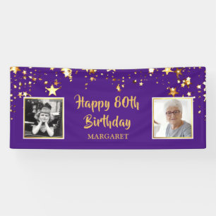 80th Birthday Photo Purple Gold Stars Personalized Banner