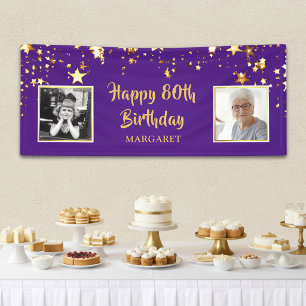 80th Birthday Photo Purple Gold Stars Personalized Banner