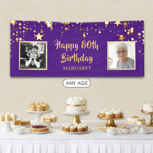 80th Birthday Photo Purple Gold Stars Personalized Banner