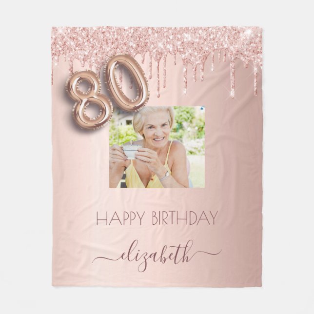 80th birthday photo rose gold blush pink drips fleece blanket (Front)