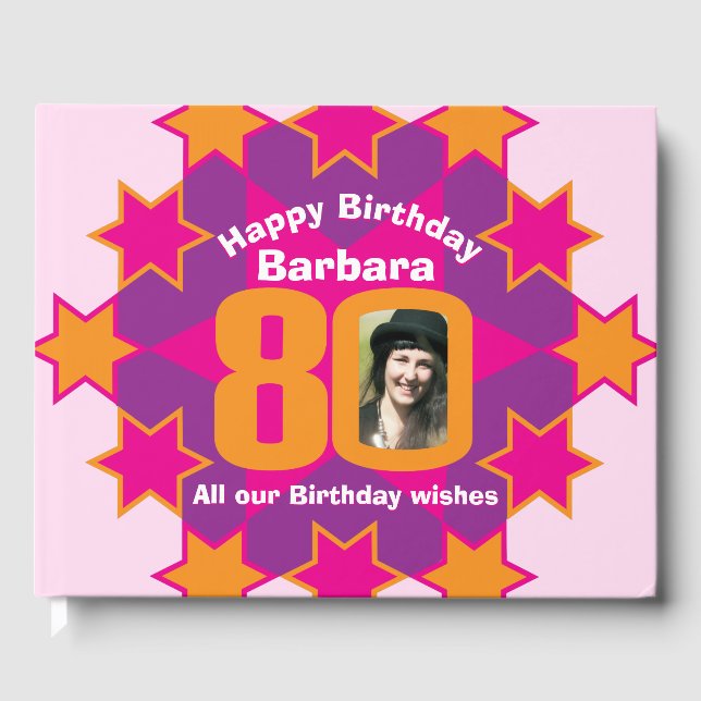 80th birthday photo star pink orange guest book (Front)