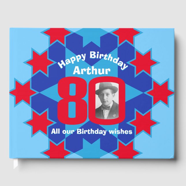 80th birthday photo star red blue guest book (Front)