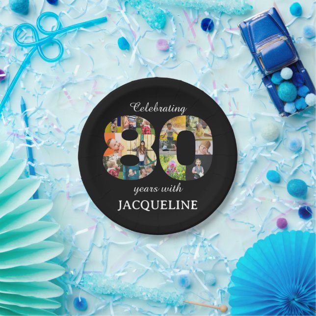80th Birthday Photo Template Invitation Black Paper Plate (Party)
