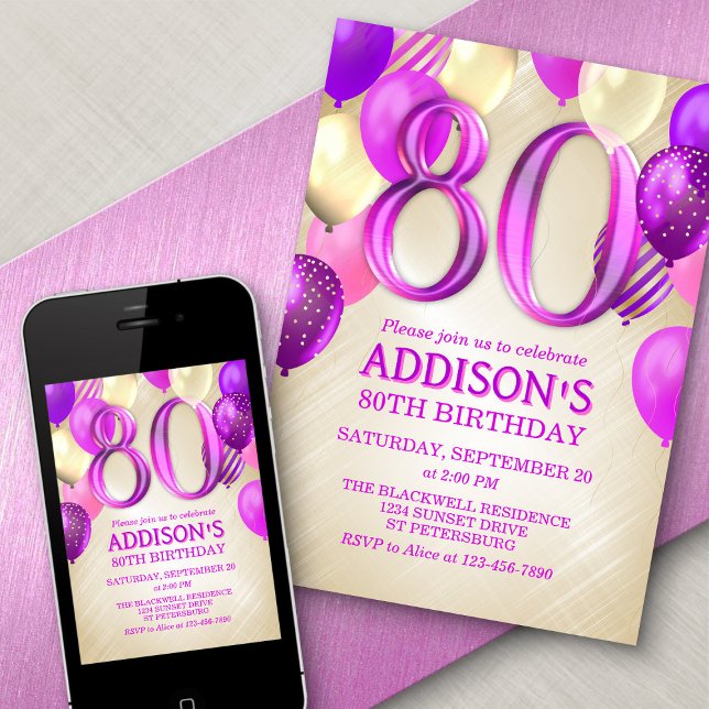 80th Birthday Pink Balloons Invitation (Creator Uploaded)