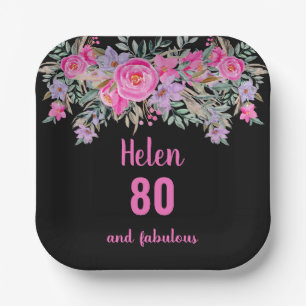 80th birthday pink black watercolor floral  paper plate
