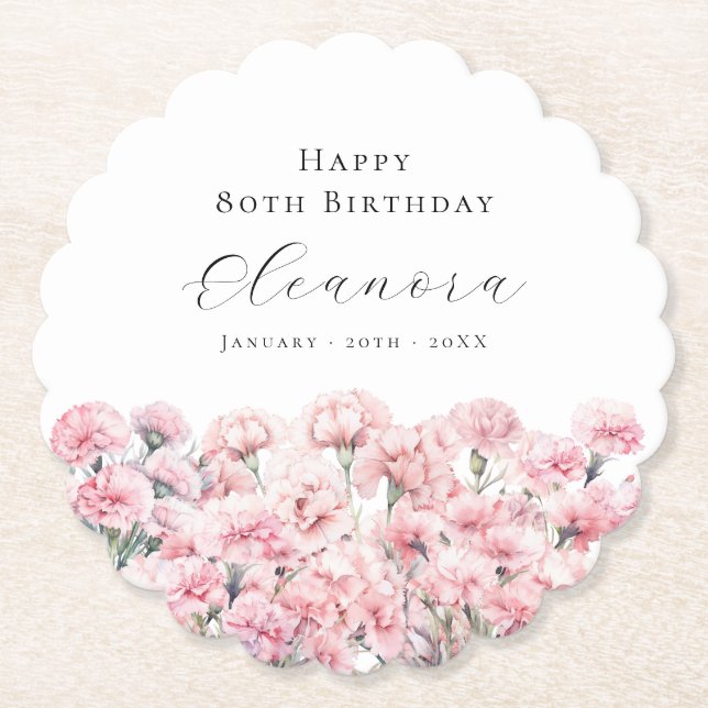 80th Birthday Pink Carnation January Birth Flower Paper Coaster (Front)