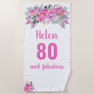 80th birthday pink floral  beach towel
