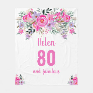 80th birthday pink floral  fleece blanket