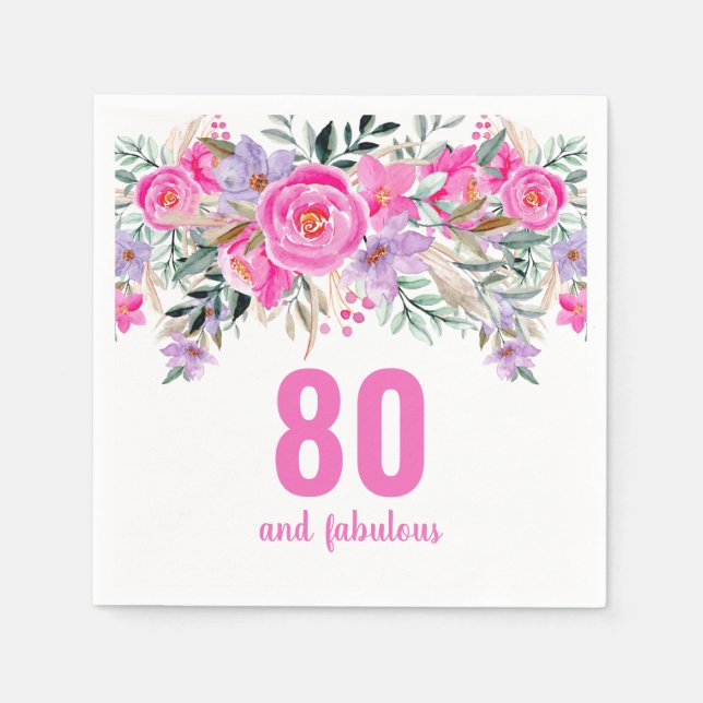 80th birthday pink floral party napkins (Front)