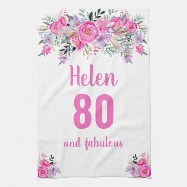 80th birthday pink floral unique  kitchen towel (Vertical)