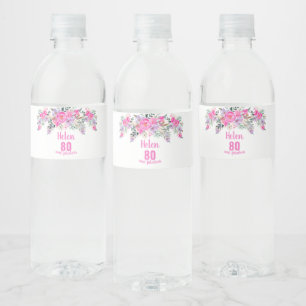 80th birthday pink floral water bottle label
