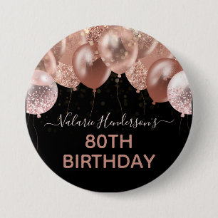 80th Birthday Pink Glitter Balloons 3 Inch Round Button