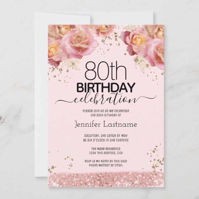 80th Birthday Pink Glitter Floral Invitations (Front)