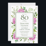 80th Birthday Pink Hydrangeas Card Request<br><div class="desc">This pink hydrangea 80th Birthday invitation with card request on the back is perfect for celebrating your wife, mom, aunt, sister, friend, grandmother. It's lovely watercolor flowers and clean type make it stunning, modern yet classic! It's super easy to make these invitations by selecting Personalize this template and typing in...</div>