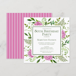 80th Birthday Pink Hydrangeas Floral Watercolor Invitation