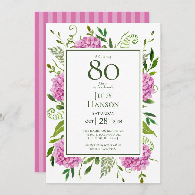 80th Birthday Pink Hydrangeas Invitation (Front/Back)