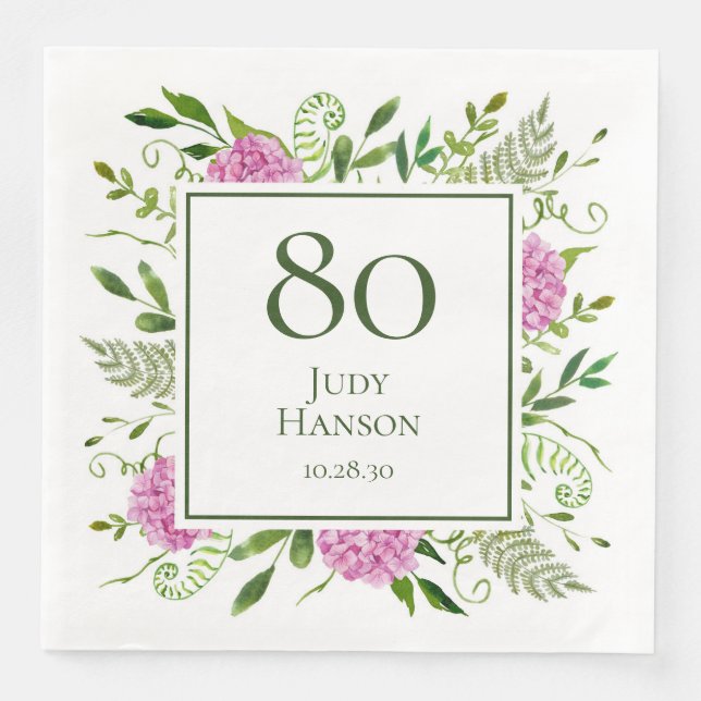 80th Birthday Pink Hydrangeas Napkin (Front)