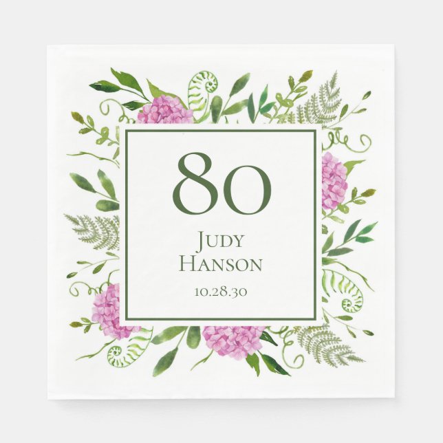 80th Birthday Pink Hydrangeas Napkin (Front)