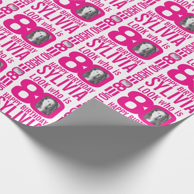 80th birthday pink look 80 custom photo name wrapping paper (Corner)