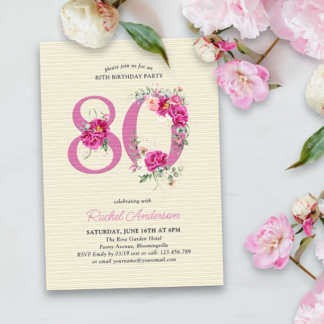 80th Birthday Pink Peony Floral Number 80 Invitation (80th Birthday Invitation with pink floral number 80 - elegant vintage design with roses and peonies)