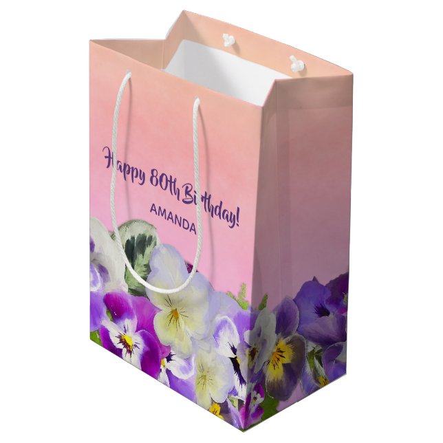 80th Birthday pink purple florals monogram name Medium Gift Bag (Back Angled)