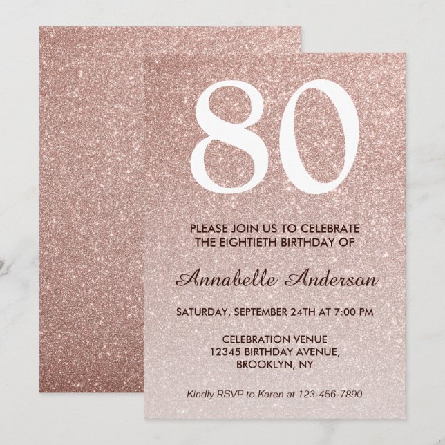 80th Birthday Pink Rose Gold Glitter Sparkle Ombre Invitation (Front/Back)