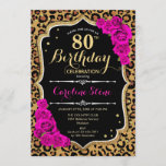 80th Birthday - Pink Roses Leopard Print Invitation<br><div class="desc">80th Birthday Invitation.
Elegant pink and black white design with faux glitter gold. Features leopard cheetah animal print,  script font and hot pink roses. Perfect for an elegant birthday party. Can be personalized into any year! Message me if you need further customization.</div>