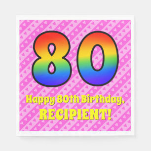 80th Birthday: Pink Stripes & Hearts, Rainbow # 80 Napkin