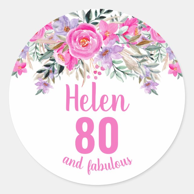 80th birthday pink watercolor floral classic round sticker (Front)