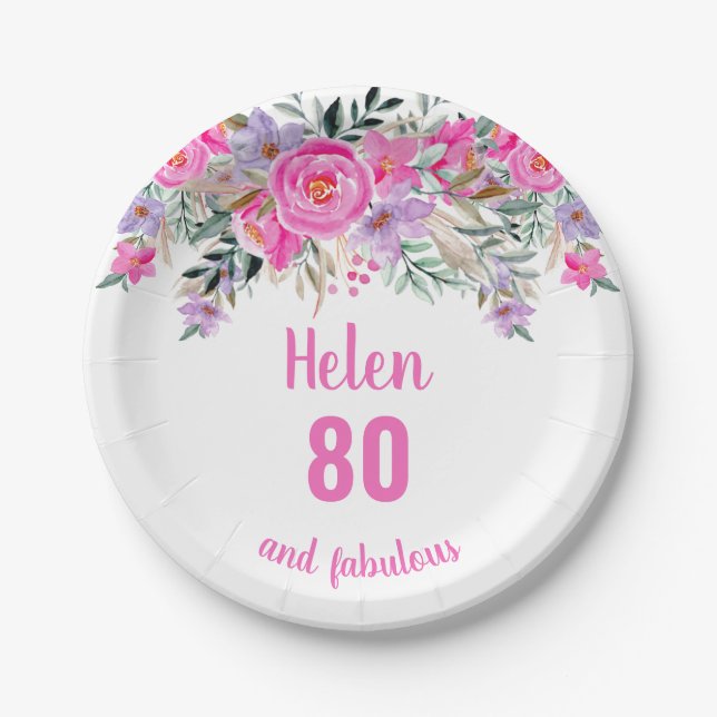 80th birthday pink watercolor floral  paper plate (Front)