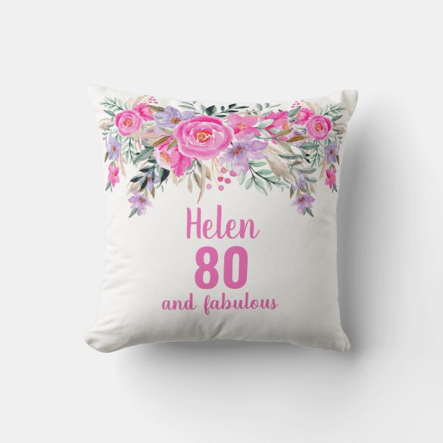 80th birthday pink watercolor floral throw pillow (Front)