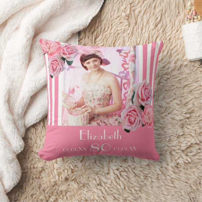 80th birthday pink white stripes floral photo throw pillow (Blanket)