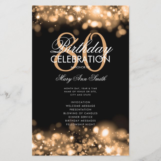 80th Birthday Program Glam Lights Gold w/ Menu (Front)