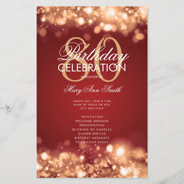 80th Birthday Program Glam Lights Red Gold w/ Menu (Front)
