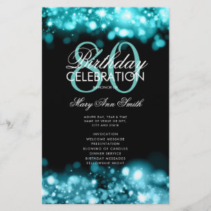 80th Birthday Program Glam Lights Teal Menu 