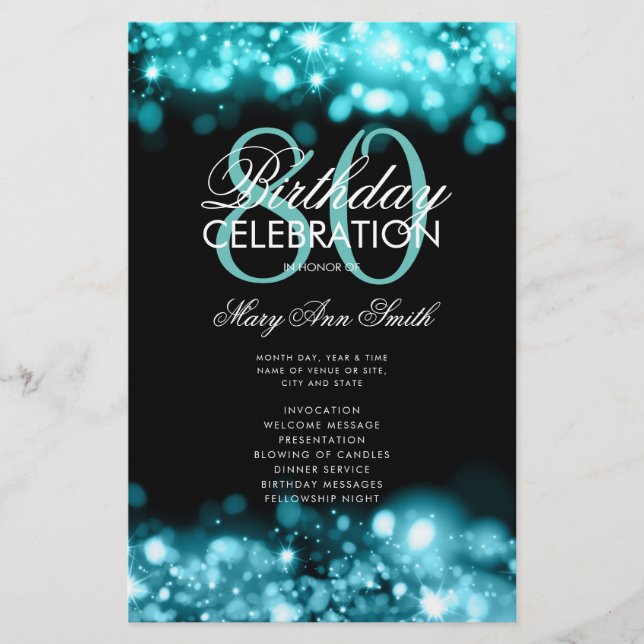 80th Birthday Program Glam Lights Teal Menu  (Front)