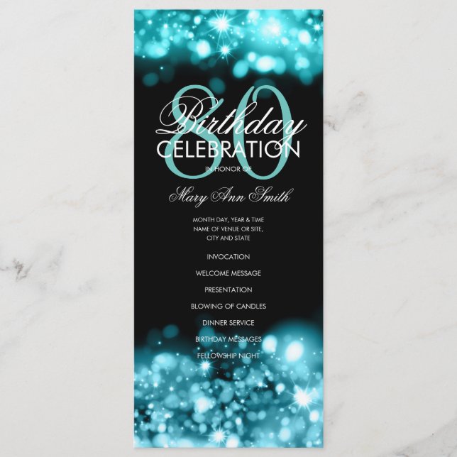 80th Birthday Program Glam Lights Teal Menu (Front)