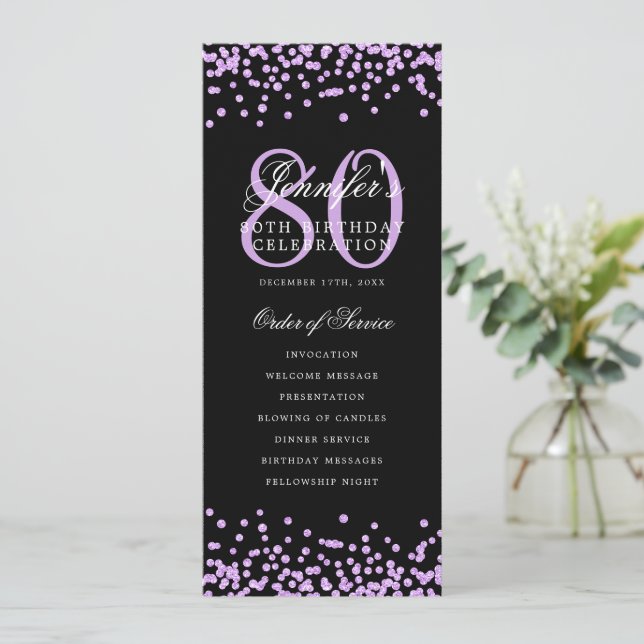 80th Birthday Program Menu Purple Black  (Standing Front)