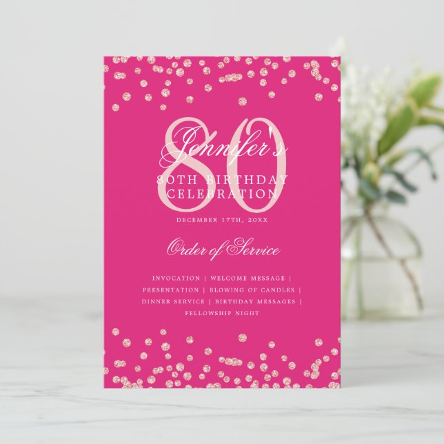 80th Birthday Program Menu Rose Gold Hot Pink  (Standing Front)