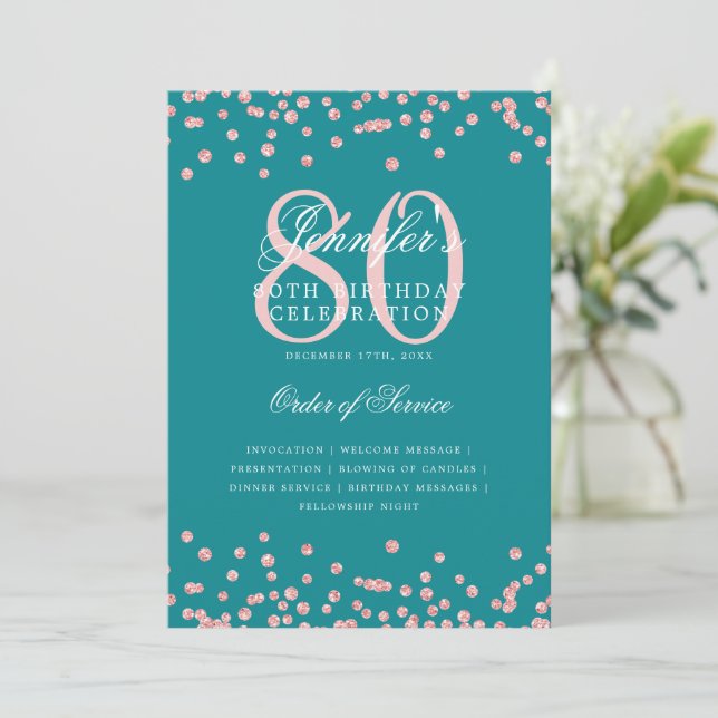 80th Birthday Program Menu Rose Gold Turquoise  (Standing Front)