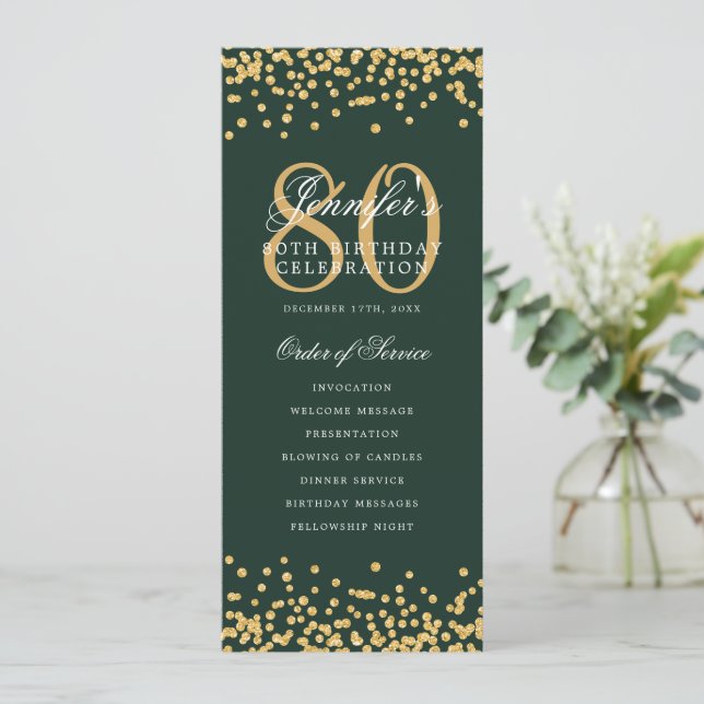 80th Birthday Program Menu Thanks Gold Green  (Standing Front)