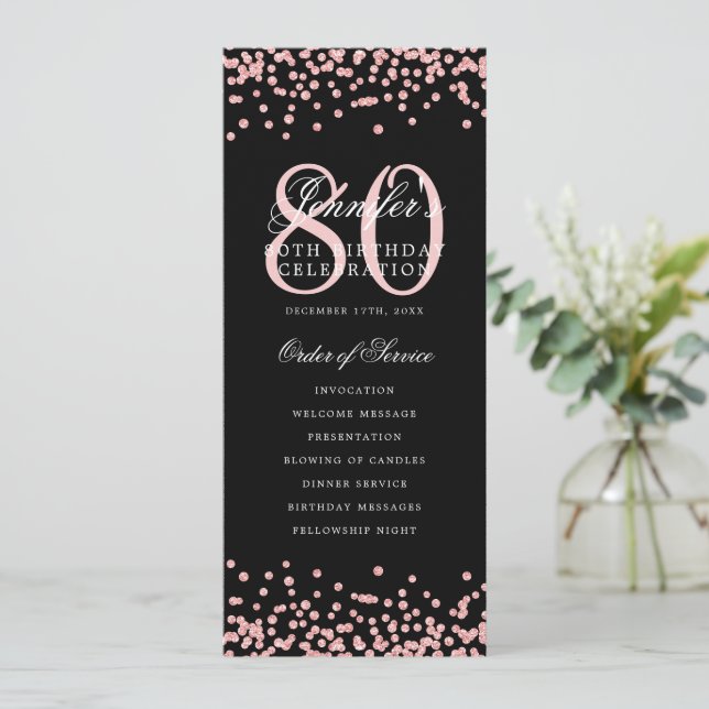 80th Birthday Program Menu Thanks Rose Gold Black  (Standing Front)