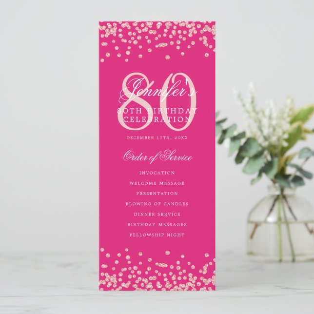 80th Birthday Program Rose Gold Confetti Hot Pink  (Standing Front)