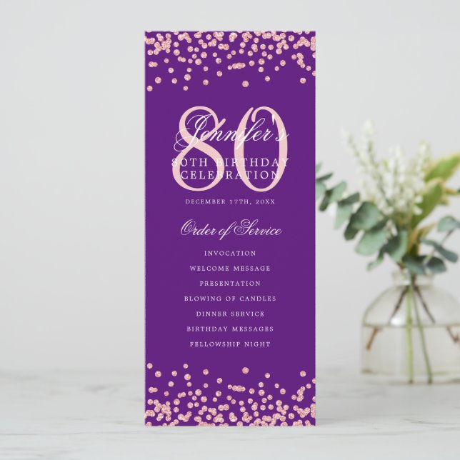 80th Birthday Program Rose Gold Confetti Purple  (Standing Front)