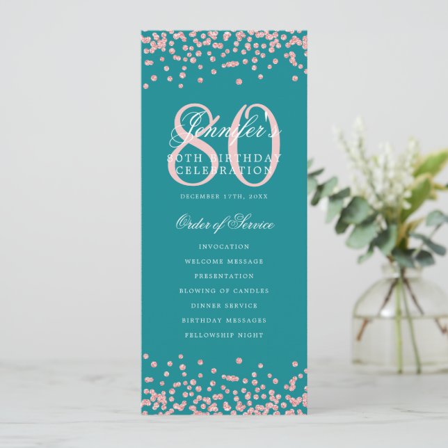 80th Birthday Program Rose Gold Confetti Turquoise (Standing Front)